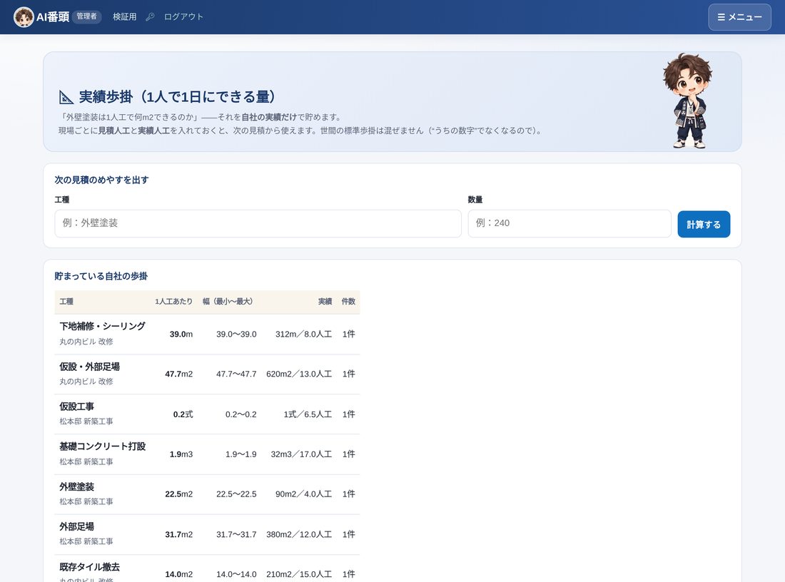 実績歩掛の画面