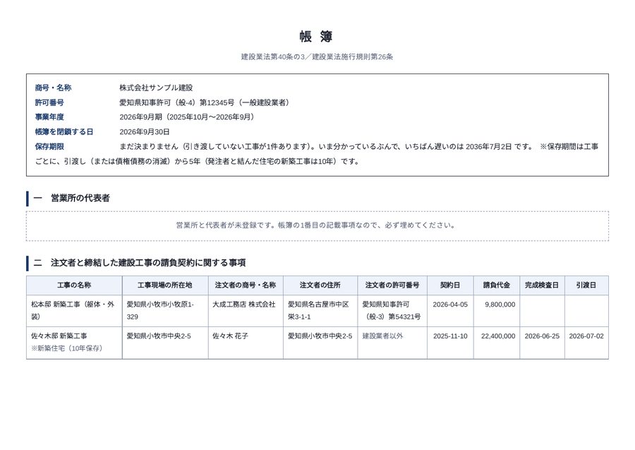 帳簿（A4横・営業所ごと）