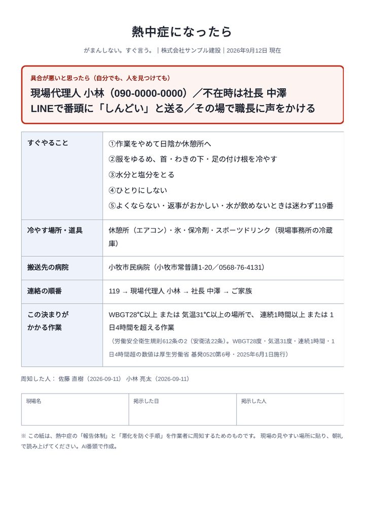 現場に貼る手順（体制の周知）