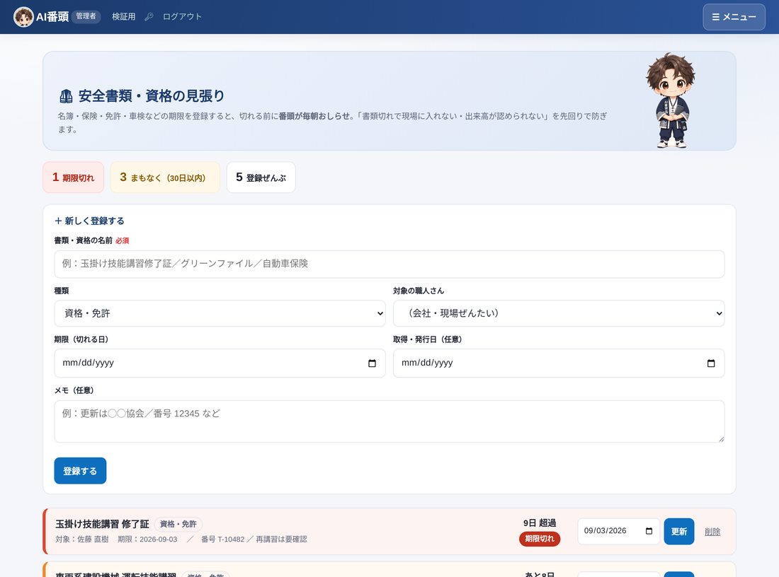 安全書類・資格の期限の見張りの画面